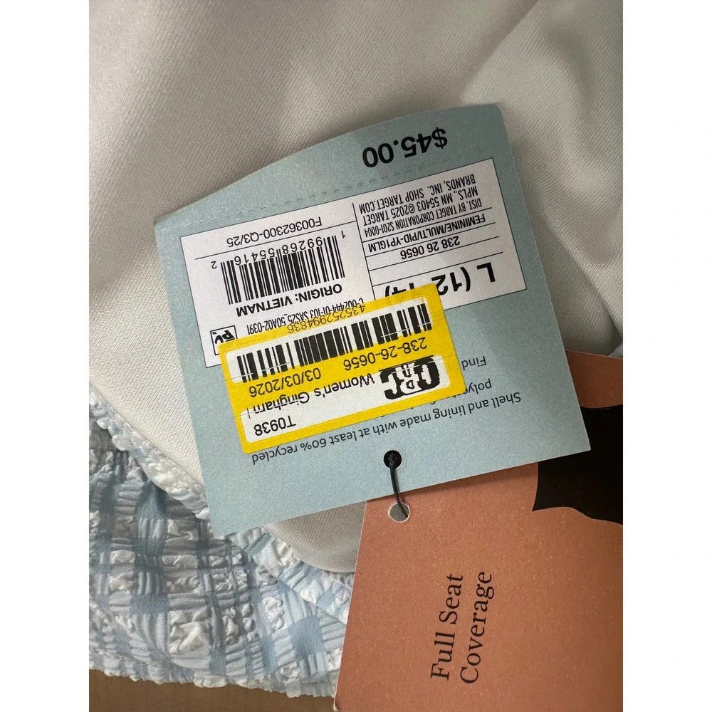Shade & Shore Womens Gingham One Piece Swimsuit Blue White Ruched L 12-14 NWT